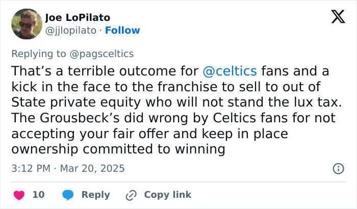 Tweet criticizing Boston Celtics sale to private equity investors. Tweet criticizing Boston Celtics sale to private equity investors.