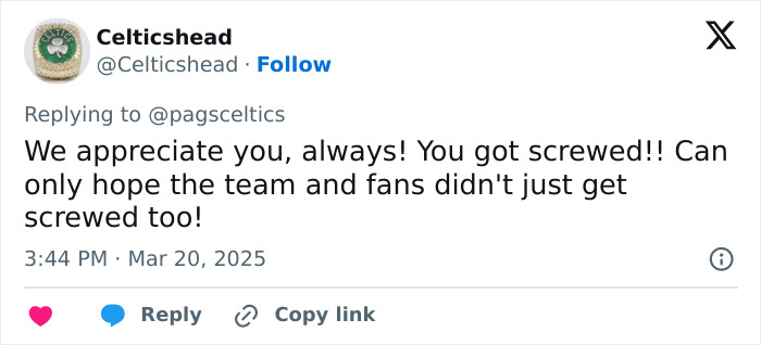 User tweet reacting to Boston Celtics sale, expressing hope for team and fans. User tweet reacting to Boston Celtics sale, expressing hope for team and fans.