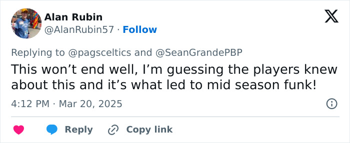Tweet about Boston Celtics sale to investors, discussing effects on player performance and potential challenges. Tweet about Boston Celtics sale to investors, discussing effects on player performance and potential challenges.