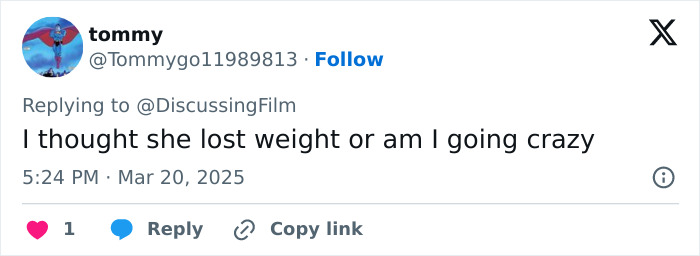 Tweet questioning Barbie Ferreira's weight loss, says "am I going crazy". Tweet questioning Barbie Ferreira's weight loss, says "am I going crazy".