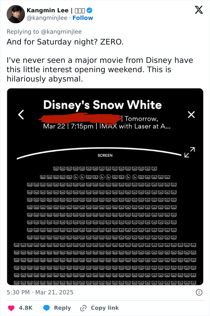 Empty theater seating chart for 'Snow White' primetime shows a lack of audience interest. Empty theater seating chart for 'Snow White' primetime shows a lack of audience interest.