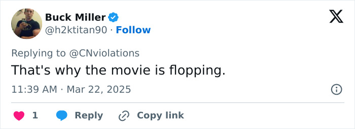 Tweet about Disney's woke Snow White movie flopping, posted by user Buck Miller. Tweet about Disney's woke Snow White movie flopping, posted by user Buck Miller.