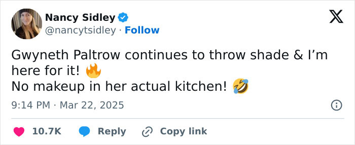 Gwyneth Paltrow tweet in kitchen, addressing Meghan Markle feud rumors humorously, with no makeup. Gwyneth Paltrow tweet in kitchen, addressing Meghan Markle feud rumors humorously, with no makeup.