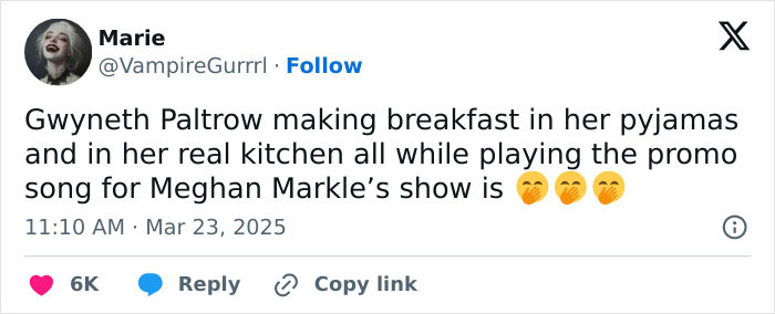 Gwyneth Paltrow in pajamas cooking breakfast, listening to Meghan Markle's show promo in her kitchen, funny tweet. Gwyneth Paltrow in pajamas cooking breakfast, listening to Meghan Markle's show promo in her kitchen, funny tweet.