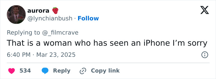 Tweet reacting to Margot Robbie's Wuthering Heights costume saying "That is a woman who has seen an iPhone I’m sorry. Tweet reacting to Margot Robbie's Wuthering Heights costume saying "That is a woman who has seen an iPhone I’m sorry.