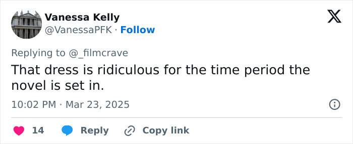 Tweet criticizing Margot Robbie's Wuthering Heights costume as anachronistic. Tweet criticizing Margot Robbie's Wuthering Heights costume as anachronistic.