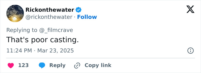 Tweet about Margot Robbie's Wuthering Heights casting, saying, "That's poor casting. Tweet about Margot Robbie's Wuthering Heights casting, saying, "That's poor casting.