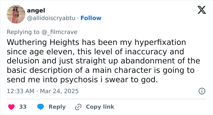 Tweet criticizing Margot Robbie's Wuthering Heights costume for inaccuracy and character misrepresentation. Tweet criticizing Margot Robbie's Wuthering Heights costume for inaccuracy and character misrepresentation.
