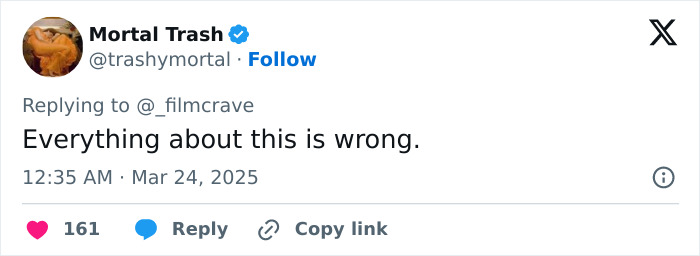 Negative tweet about Margot Robbie's Wuthering Heights costume with replies and likes visible. Negative tweet about Margot Robbie's Wuthering Heights costume with replies and likes visible.
