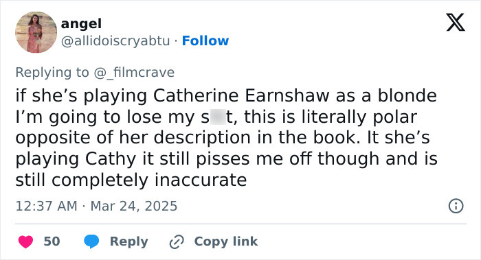 Tweet criticizing Margot Robbie's Wuthering Heights costume as inaccurate, sparking strong reactions. Tweet criticizing Margot Robbie's Wuthering Heights costume as inaccurate, sparking strong reactions.