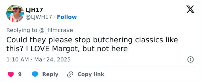 Social media post criticizing Margot Robbie's Wuthering Heights costume. Social media post criticizing Margot Robbie's Wuthering Heights costume.