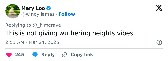 Tweet criticizing Margot Robbie's Wuthering Heights costume for not matching the theme. Tweet criticizing Margot Robbie's Wuthering Heights costume for not matching the theme.