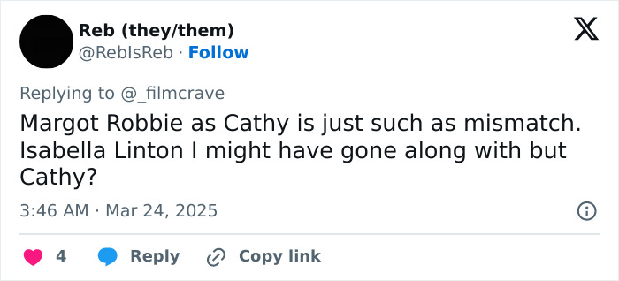 Tweet criticizing Margot Robbie's Wuthering Heights costume, calling her casting as Cathy a mismatch. Tweet criticizing Margot Robbie's Wuthering Heights costume, calling her casting as Cathy a mismatch.