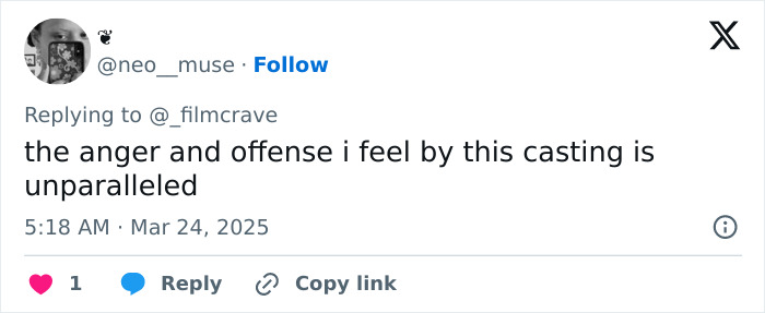 A tweet expressing frustration at Margot Robbie's Wuthering Heights costume. A tweet expressing frustration at Margot Robbie's Wuthering Heights costume.