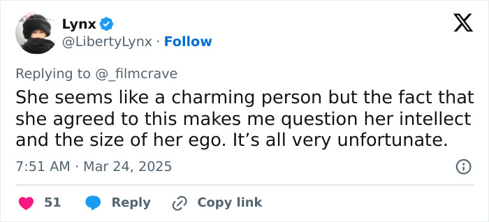 Tweet criticizing Margot Robbie's Wuthering Heights costume, questioning her intellect and ego. Tweet criticizing Margot Robbie's Wuthering Heights costume, questioning her intellect and ego.