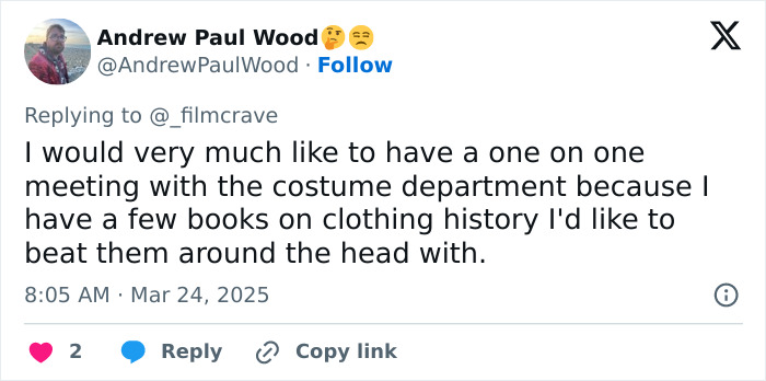 Tweet criticizing Margot Robbie's Wuthering Heights costume, suggesting a meeting with the costume department. Tweet criticizing Margot Robbie's Wuthering Heights costume, suggesting a meeting with the costume department.