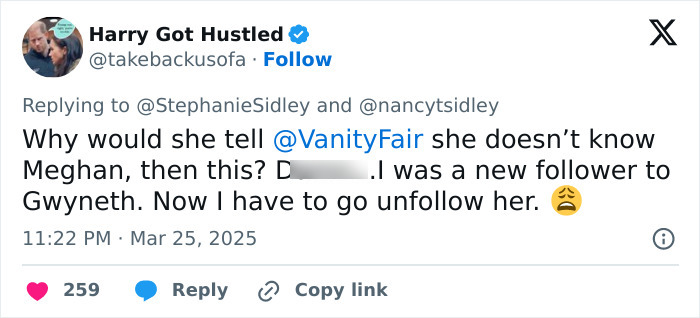 Tweet expressing disappointment over Gwyneth Paltrow's remarks on Meghan Markle feud rumors. Tweet expressing disappointment over Gwyneth Paltrow's remarks on Meghan Markle feud rumors.