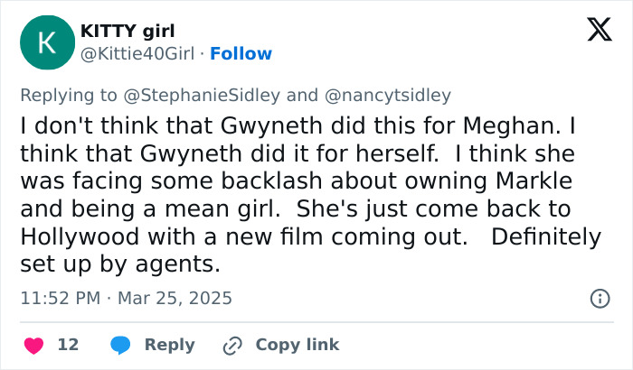 Tweet discussing Gwyneth Paltrow, Meghan Markle, and Hollywood rumors, shared by a user with 12 likes. Tweet discussing Gwyneth Paltrow, Meghan Markle, and Hollywood rumors, shared by a user with 12 likes.