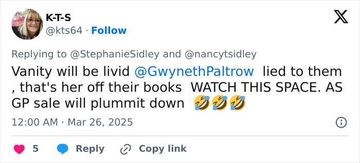 Tweet discussing Gwyneth Paltrow and feud rumors, mentioning potential effects on sales. Tweet discussing Gwyneth Paltrow and feud rumors, mentioning potential effects on sales.