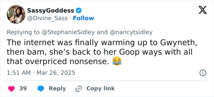 Tweet mentioning Gwyneth Paltrow and Goop, criticizing overpriced products and addressing recent feud rumors. Tweet mentioning Gwyneth Paltrow and Goop, criticizing overpriced products and addressing recent feud rumors.