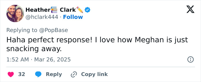 Tweet about Meghan Markle, humorously noting her snacking during a rumored feud discussion. Tweet about Meghan Markle, humorously noting her snacking during a rumored feud discussion.