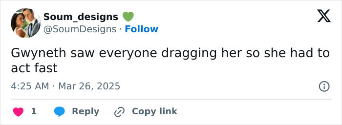 Tweet about Gwyneth Paltrow addressing Meghan Markle feud rumors, highlighting quick response to public reactions. Tweet about Gwyneth Paltrow addressing Meghan Markle feud rumors, highlighting quick response to public reactions.