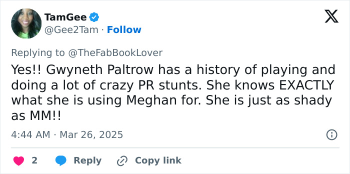 Tweet discussing Gwyneth Paltrow and Meghan Markle feud rumors, mentioning PR stunts and shading MM. Tweet discussing Gwyneth Paltrow and Meghan Markle feud rumors, mentioning PR stunts and shading MM.