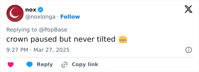 Tweet referencing King Charles amidst cancer battle, stating "crown paused but never tilted" with a crown emoji. Tweet referencing King Charles amidst cancer battle, stating "crown paused but never tilted" with a crown emoji.