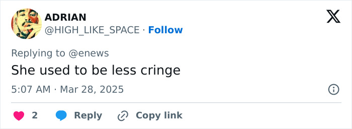 Comment mentioning JoJo Siwa with critique about a style change on social media platform. Comment mentioning JoJo Siwa with critique about a style change on social media platform.