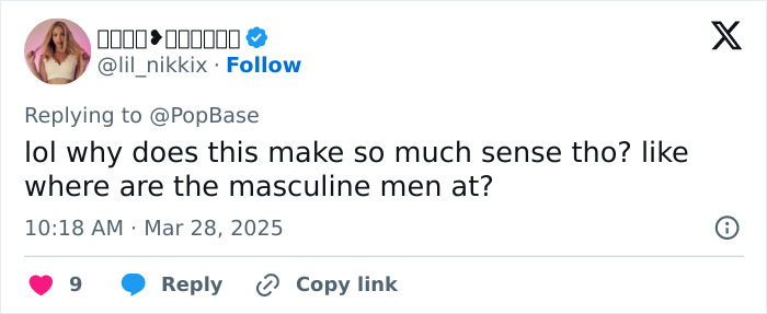 Tweet questioning masculinity trend, referencing Bebe Rexha's "soft girl era" comment; user seeking masculine men discussion. Tweet questioning masculinity trend, referencing Bebe Rexha's "soft girl era" comment; user seeking masculine men discussion.
