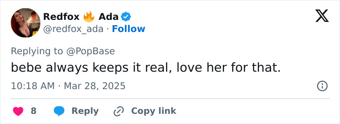 Tweet from Redfox Ada praising Bebe Rexha for keeping it real in response to a discussion. Tweet from Redfox Ada praising Bebe Rexha for keeping it real in response to a discussion.