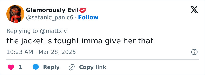 Tweet reply praising a stylish jacket, posted on March 28, 2025. Tweet reply praising a stylish jacket, posted on March 28, 2025.