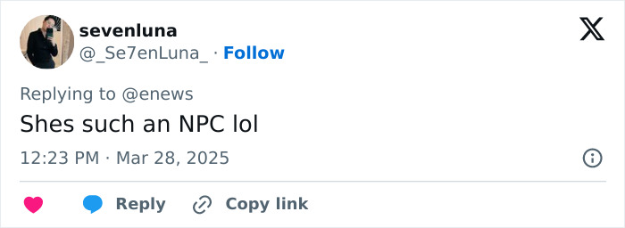 Tweet response to JoJo Siwa's shaved rainbow head debut: "Shes such an NPC lol" from user sevenluna on March 28, 2025. Tweet response to JoJo Siwa's shaved rainbow head debut: "Shes such an NPC lol" from user sevenluna on March 28, 2025.