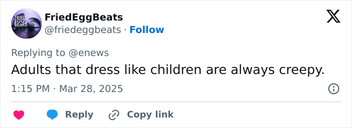 Tweet criticizing adults dressing like children amid JoJo Siwa's new shaved rainbow hairstyle debut. Tweet criticizing adults dressing like children amid JoJo Siwa's new shaved rainbow hairstyle debut.