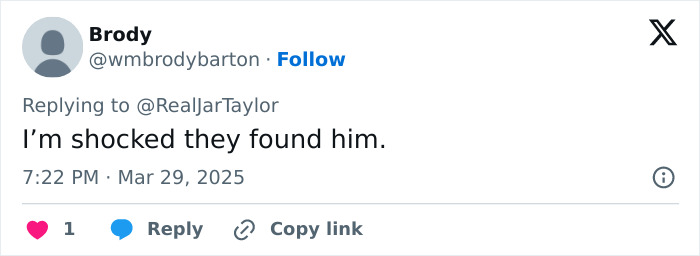 Tweet reacting to convict arrested after assault on bride-to-be. Text: "I’m shocked they found him. Tweet reacting to convict arrested after assault on bride-to-be. Text: "I’m shocked they found him.