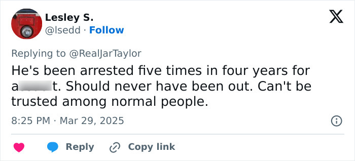 Tweet discussing convict arrest at bachelorette party with shocked response and call for accountability. Tweet discussing convict arrest at bachelorette party with shocked response and call for accountability.