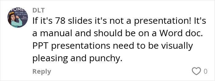 Social media comment about presentation slide design. Social media comment about presentation slide design.