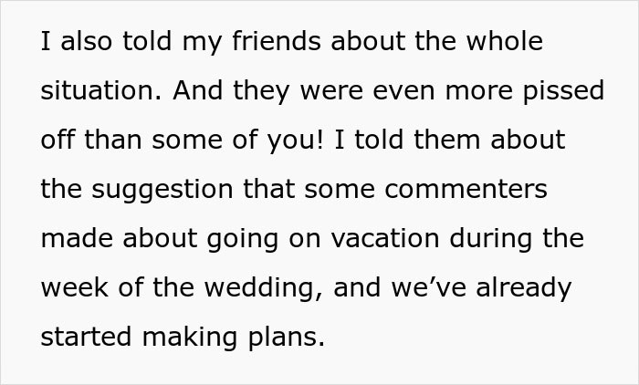 Text conversation about friends planning a vacation during a wedding. Text conversation about friends planning a vacation during a wedding.