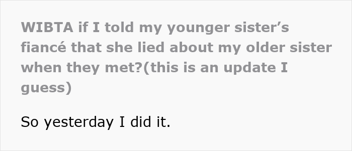 Text conversation about revealing a lie to sister's fiancé regarding her past relationship. Text conversation about revealing a lie to sister's fiancé regarding her past relationship.