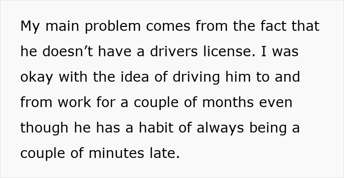 Text image discussing free rides to work ending due to friend's lateness. Text image discussing free rides to work ending due to friend's lateness.