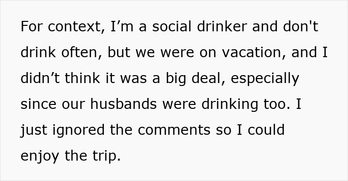 Text from a child-free woman on vacation sharing her experience ignoring comments to enjoy the trip. Text from a child-free woman on vacation sharing her experience ignoring comments to enjoy the trip.