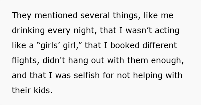 Child-free woman's vacation criticized by friends for different flights and not helping with their kids. Child-free woman's vacation criticized by friends for different flights and not helping with their kids.