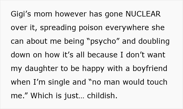 Text screenshot discussing a friend's parent spreading harmful comments about a 14-year-old. Text screenshot discussing a friend's parent spreading harmful comments about a 14-year-old.