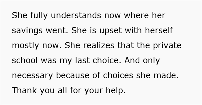 Text detailing teen's realization about spent university funds due to past behavior choices. Text detailing teen's realization about spent university funds due to past behavior choices.