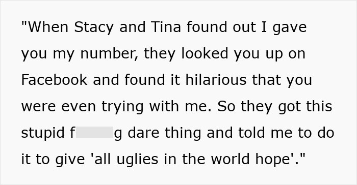 Text message revealing boyfriend's love story was a mean-girl bet but girlfriend claims true feelings now. Text message revealing boyfriend's love story was a mean-girl bet but girlfriend claims true feelings now.