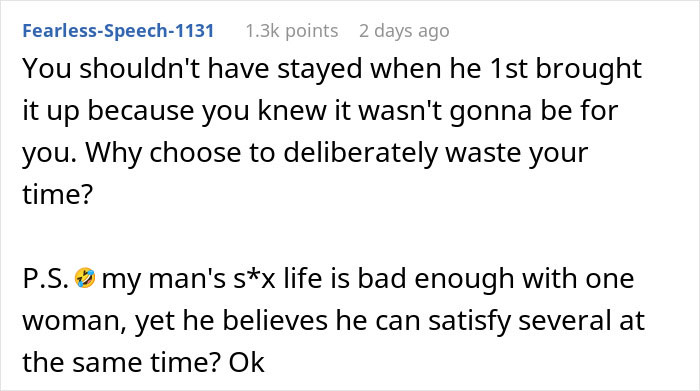 Comment on relationship dynamics, discussing partner dissatisfaction and the idea of opening a relationship. Comment on relationship dynamics, discussing partner dissatisfaction and the idea of opening a relationship.