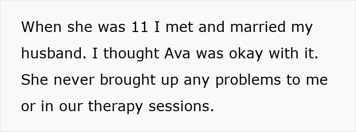 Text snippet discussing Ava's response to her parent's remarriage and lack of issues raised in therapy sessions. Text snippet discussing Ava's response to her parent's remarriage and lack of issues raised in therapy sessions.