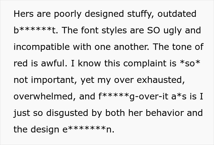 Text expressing frustration about poor design and font choices in wedding invitations. Text expressing frustration about poor design and font choices in wedding invitations.