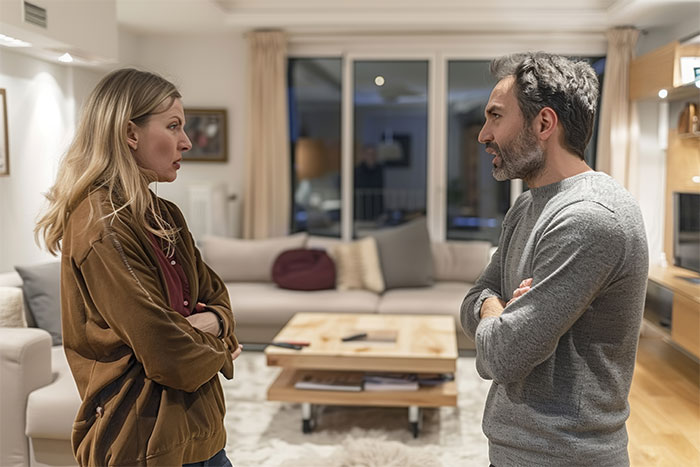A husband and wife having a serious conversation in their living room, with tensions visible. A husband and wife having a serious conversation in their living room, with tensions visible.