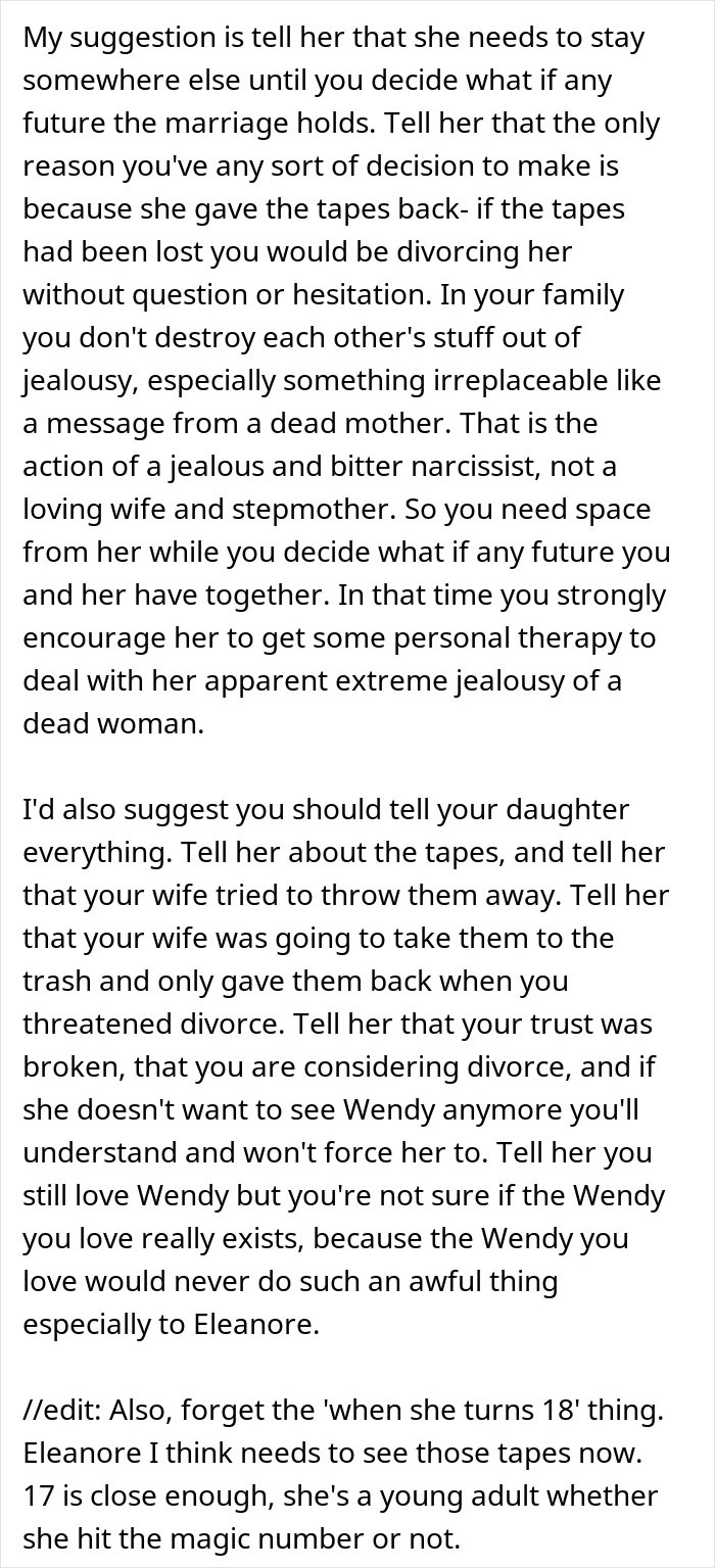Text discussing a man's dilemma over tapes of his late wife and his new wife's actions. Text discussing a man's dilemma over tapes of his late wife and his new wife's actions.